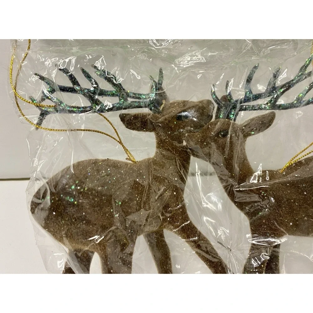Pair Reindeer Flocked Vintage Ornaments Glitter Country‎ Silk Christmas